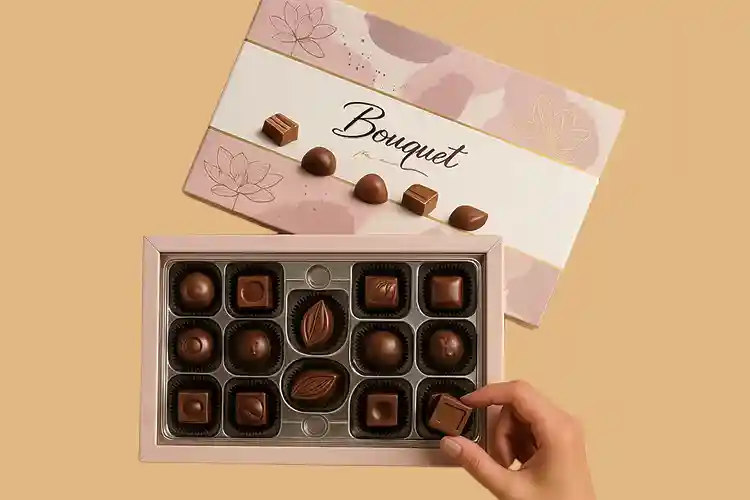 Custom candy packaging boxes featuring assorted chocolates in a floral gift box
