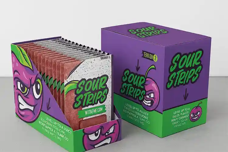 Retail candy display packaging box for sour strips or gummies