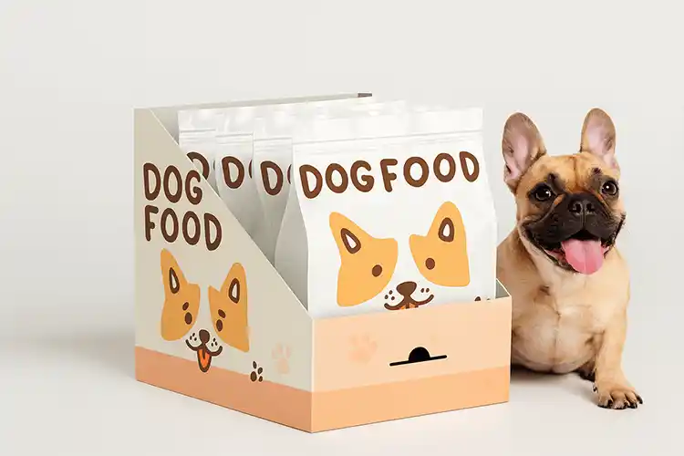 Custom pet packaging boxes holding dog food pouches in a counter display box with a French Bulldog beside it