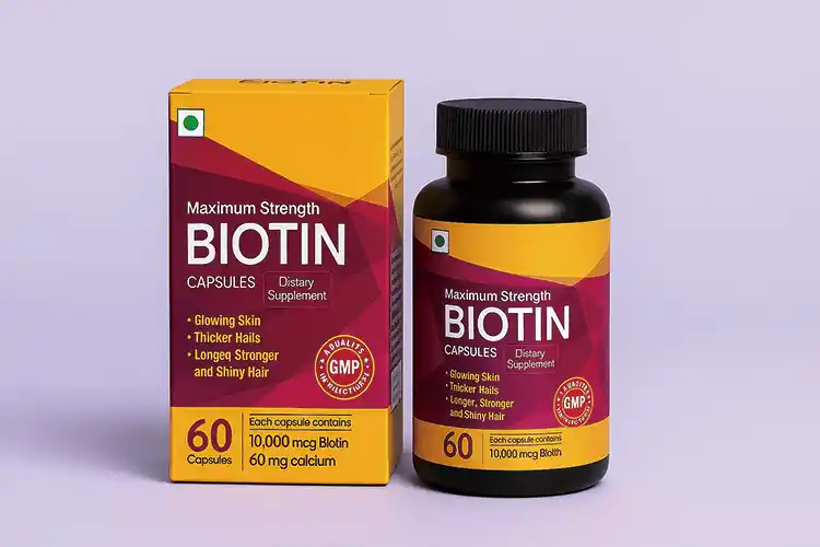 Biotin supplement bottle and carton packaging with GMP label by Packzino