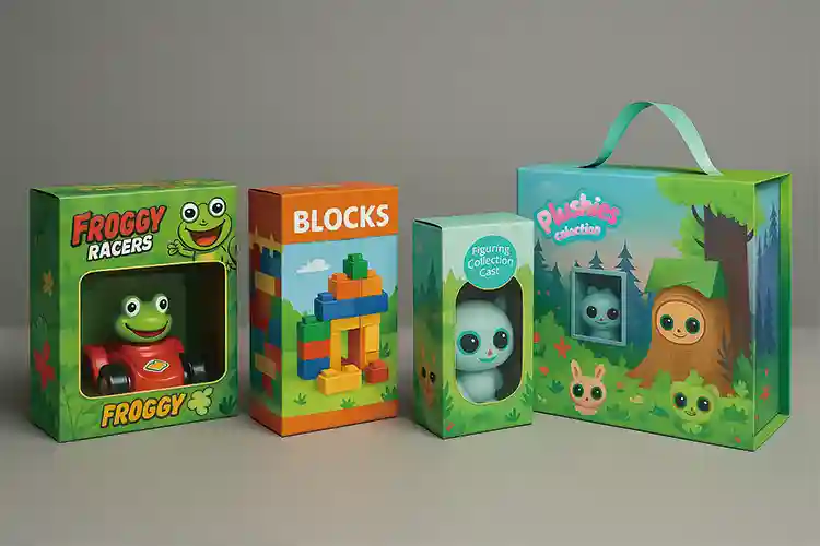 Custom toy packaging boxes with window design for kids’ toys, featuring colorful frog racers and playful graphics