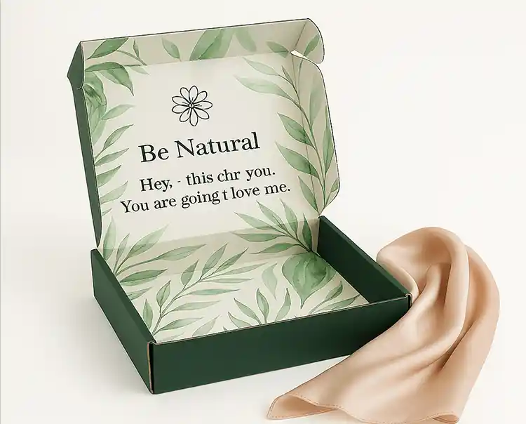 Green mailer box with leaf pattern and printed message inside