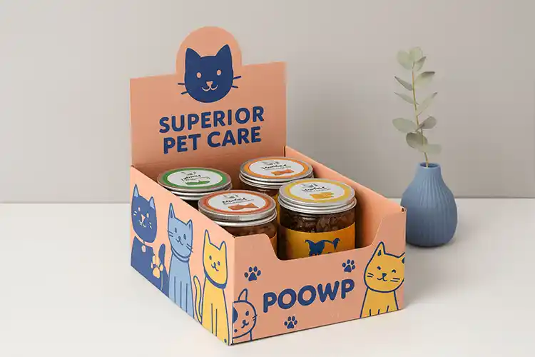 Folding carton display box for pet care jars with cat illustrations