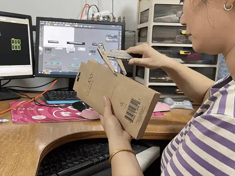 worker measuring custom food packaging box for quality and compliance