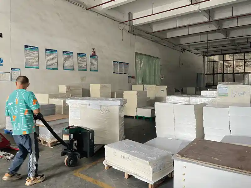 Packzino warehouse with stacks of white paper stock