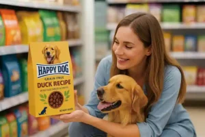 Woman choosing pet food packaging box with her dog