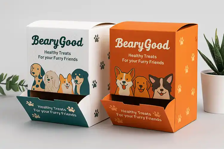Counter display boxes for pet treats with colorful dog illustrations