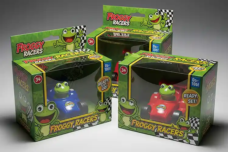 Retail shelf toy packaging box with window for toy cars and action figures