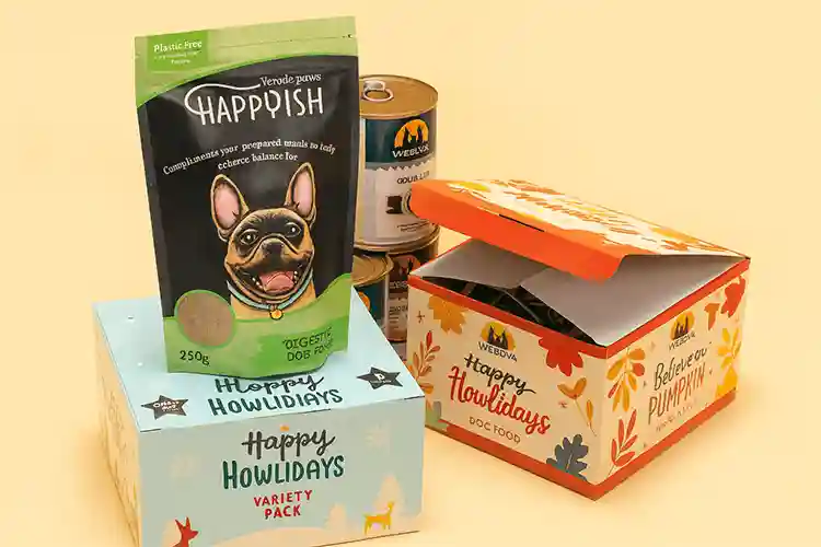 Holiday-themed pet food cartons and pouches with colorful festive designs