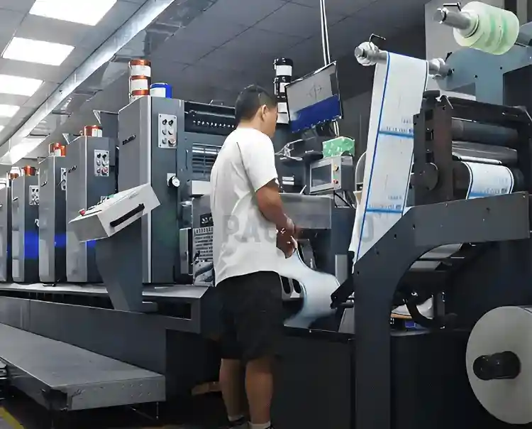A technician operates a printing press producing FDA-compliant supplement labels.