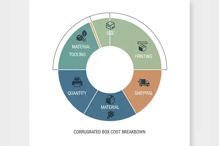 Corrugated box cost breakdown infographic with material, size, printing, shipping, tooling, and quantity factors