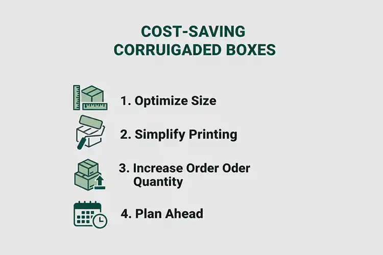 Cost-saving tips for corrugated boxes including optimize size, simplify printing, increase quantity, plan ahead