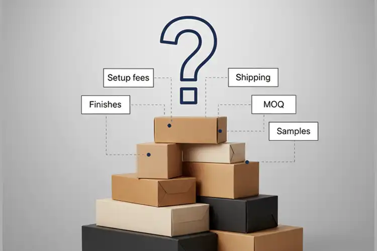 FAQ about custom folding carton costs with setup fees, shipping, finishes, MOQ, and samples highlighted around stacked boxes – Packzino