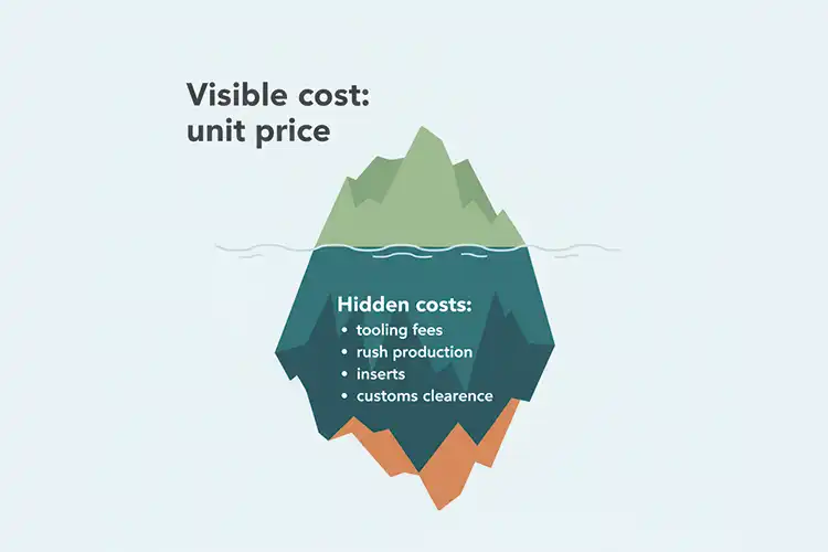 Visible and hidden costs of custom folding cartons shown as iceberg diagram, including tooling fees, rush production, inserts, and customs clearance – Packzino