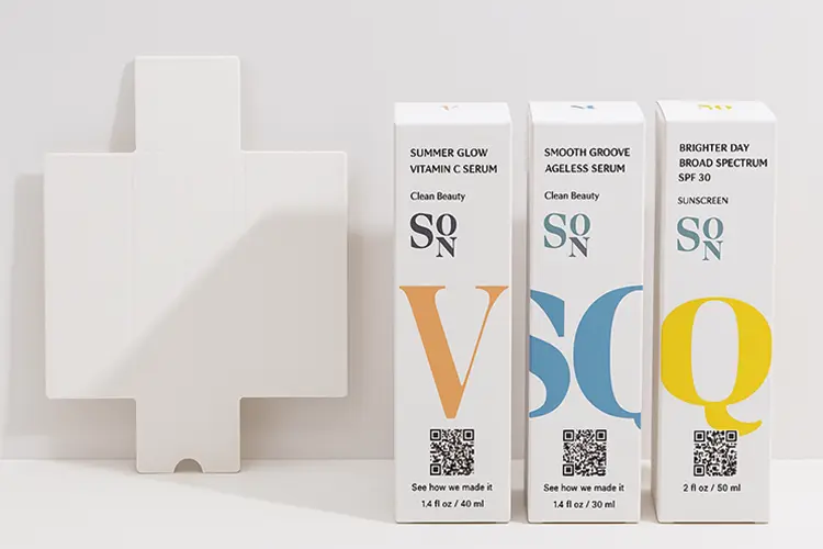 C1S SBS skincare folding cartons showing printed boxes and unfolded blank dieline with matte surface.