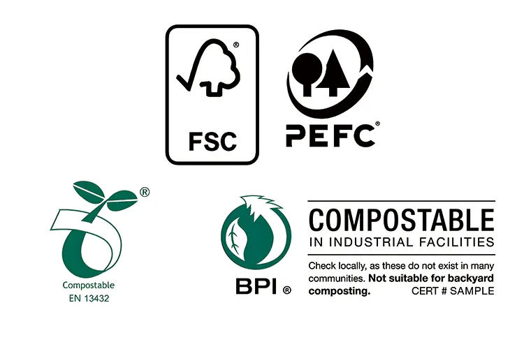 FSC, PEFC, EN13432, and BPI certification logos for eco-friendly packaging compliance