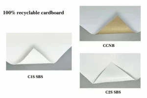 Comparison of C1S SBS, C2S SBS, and CCNB paperboard layers showing coating sides and recycled back.