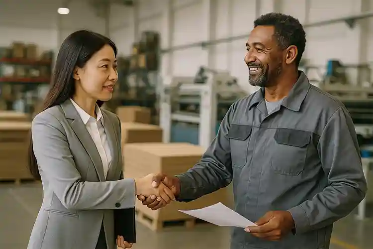 Buyer and factory representative discussing custom paper bag specifications