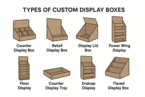 A visual diagram showing eight types of custom display boxes, including counter, retail, and power wing designs for retail presentation.