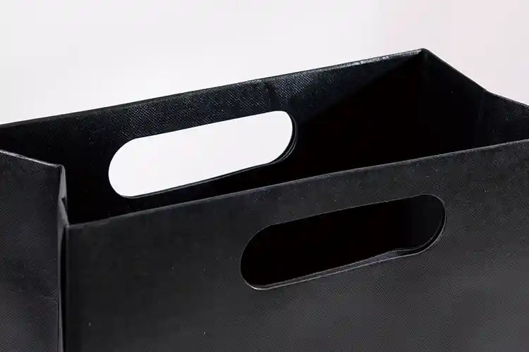 Black paper bag with die-cut handles featuring clean minimalist retail design.