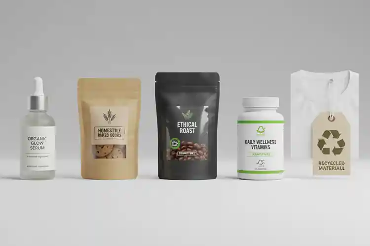 Eco-friendly labels applied across skincare bottles, food packaging, coffee bags, supplement containers, and apparel hangtags to illustrate cross-industry usage.