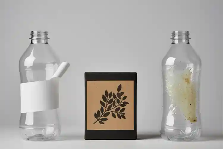 Examples of label failures including PLA curling under heat, adhesive residue contaminating PET bottles, and darkened prints on recycled paper.