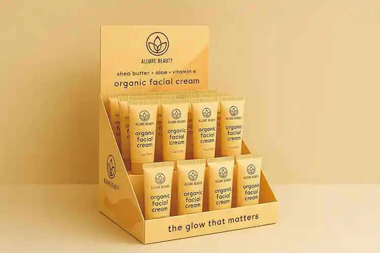 A clean skincare display box holding cosmetic tubes, illustrating professional packaging presentation with short production lead time.