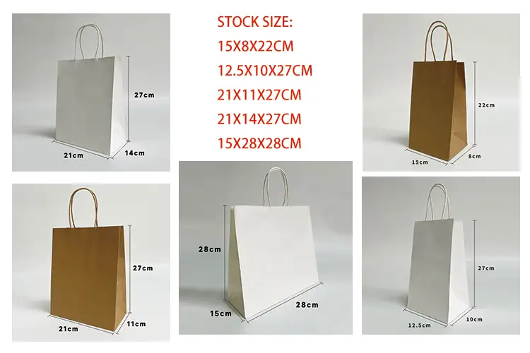 Standard kraft and white paper bag stock sizes used for low MOQ orders