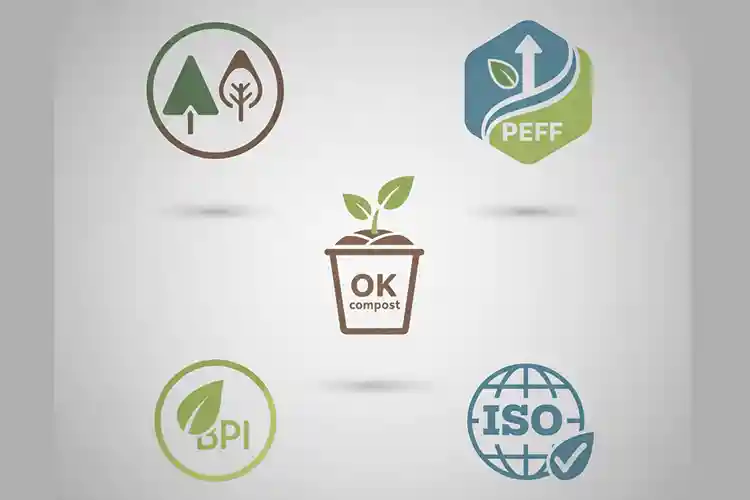 Stylized eco certification icons representing FSC, PEFC, OK Compost, BPI, and ISO environmental standards used for validating sustainable label materials.
