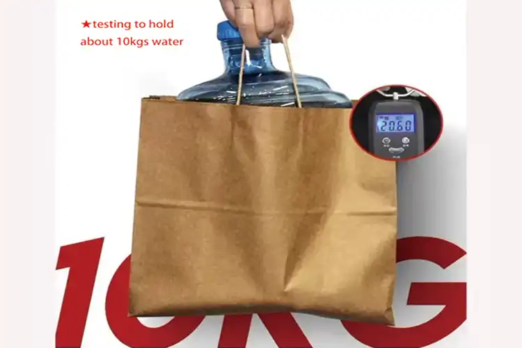 Kraft paper bag with twisted handle lifting 10kg water, showing high strength and reliability.