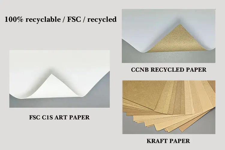 Eco-friendly paper options including FSC art paper, kraft paper, and CCNB.