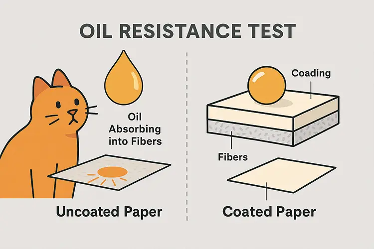 oil resistance test showing coated vs uncoated paper