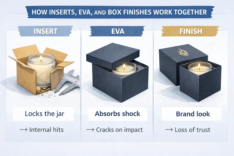 Illustration showing insert locking jar EVA absorbing shock and box finish affecting brand trust