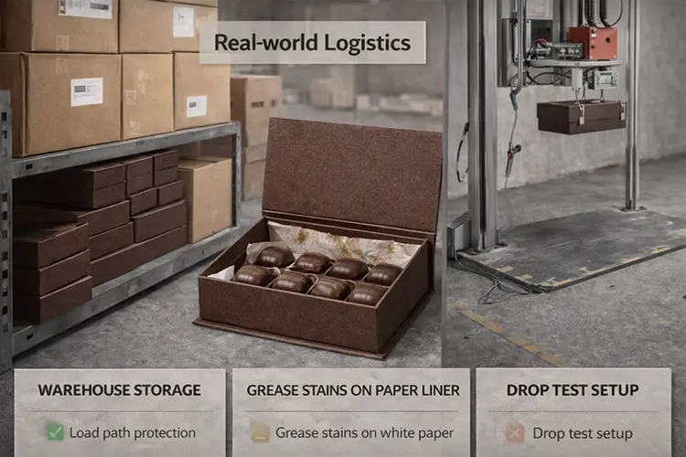 Warehouse storage grease stains and drop tests for chocolate boxes
