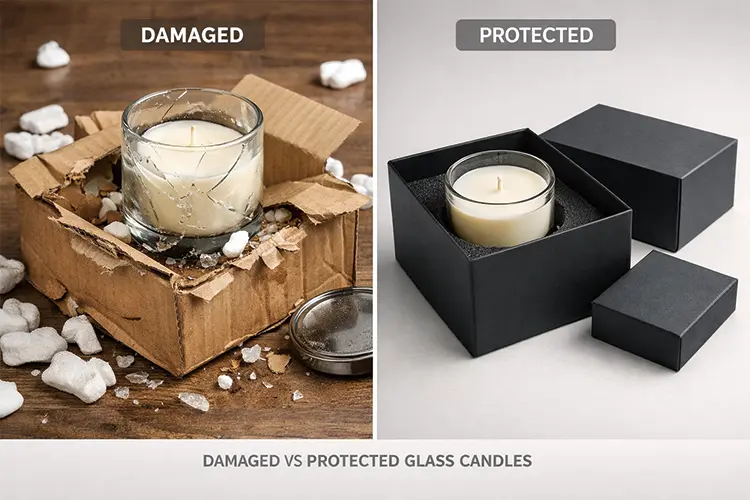 Side by side view showing broken glass candle in weak carton versus protected candle in rigid box with insert