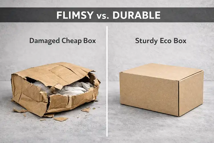 Comparison between a damaged cheap cardboard box and a durable eco-friendly packaging box showing the importance of structural strength