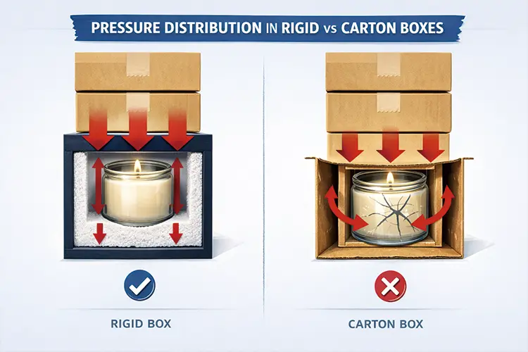 Comparison of pressure distribution in rigid box versus folding carton when stacking glass candle packaging