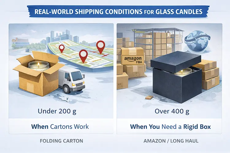 llustration showing when folding cartons work under 200g and when rigid boxes are needed for heavy glass candles