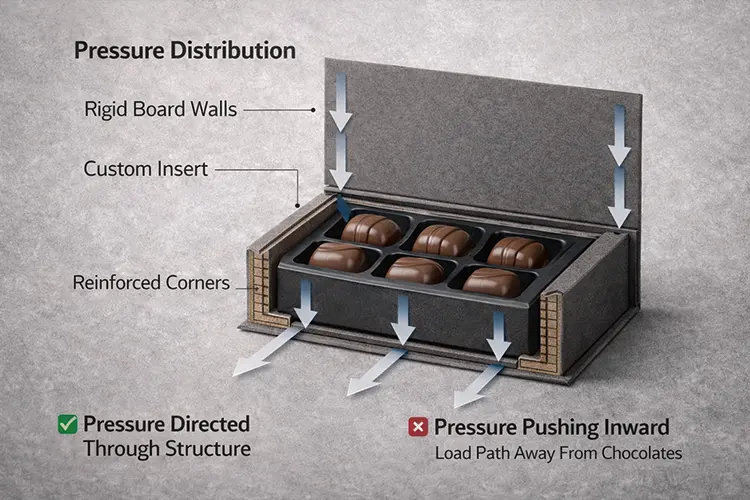 Rigid box pressure distribution directs load away from chocolates