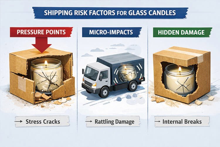Illustration showing pressure points micro impacts and hidden damage causing glass candle jars to crack during shipping