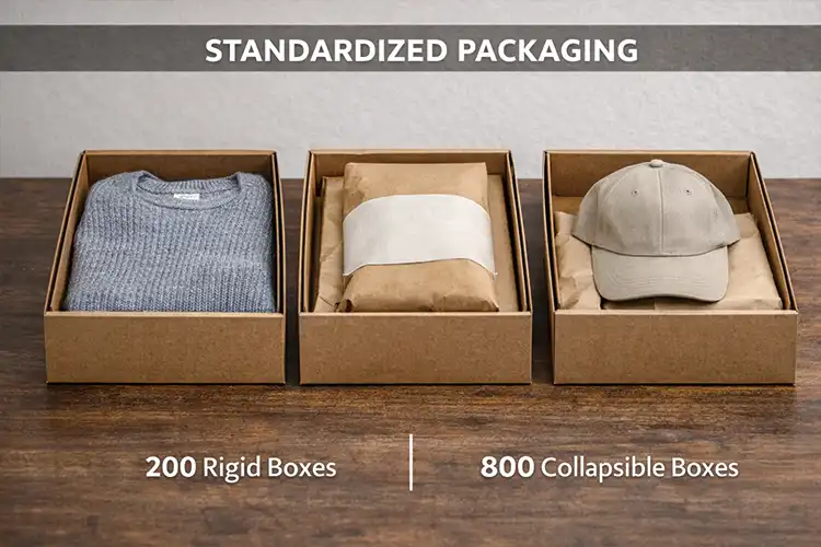 Standardized apparel packaging boxes using the same size to pack different clothing items for higher pallet density