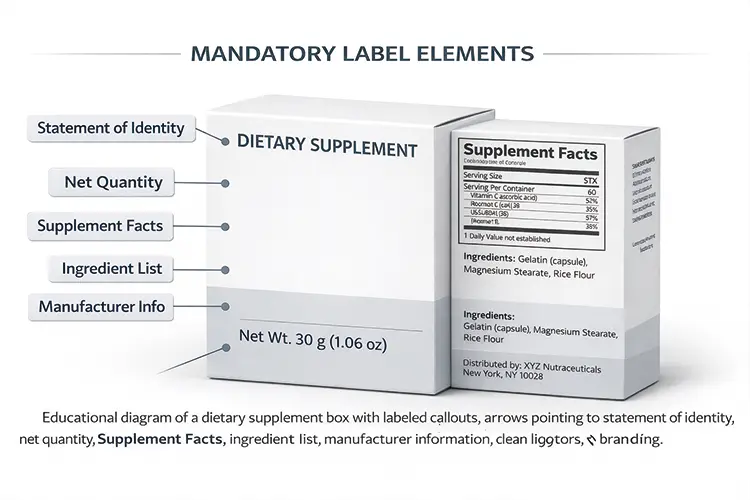 Mandatory FDA label elements displayed on a dietary supplement box