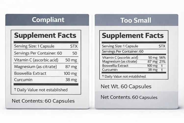 Compliant versus too small Supplement Facts font size comparison