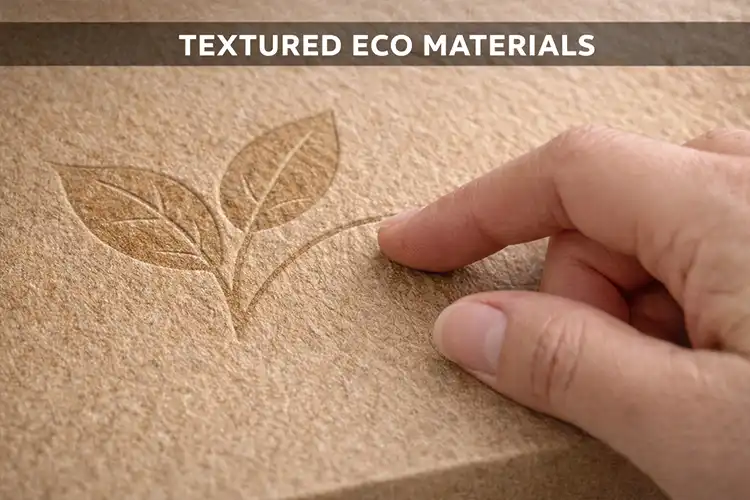 Close-up of textured eco paper with embossed details used in sustainable apparel packaging to enhance tactile quality