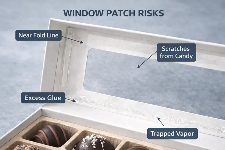 Candy box window patch showing glue marks, scratches, trapped vapor, and fold stress areas