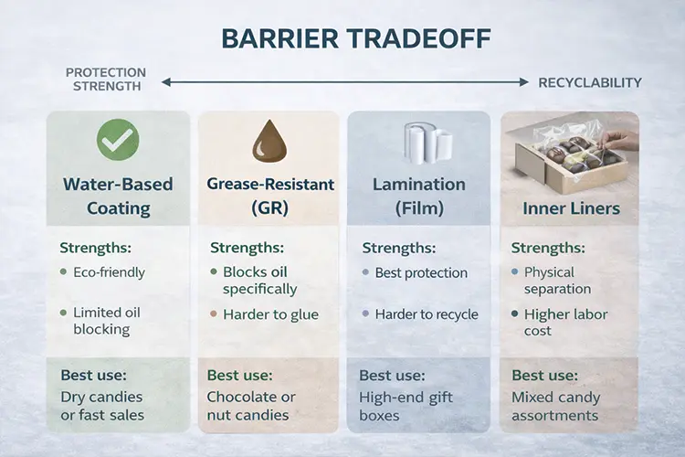 Barrier tradeoff comparison between water-based coating, grease-resistant board, lamination, and inner liners