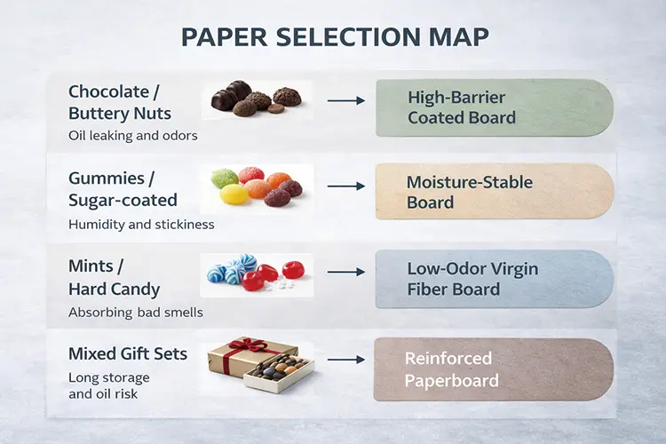 Paper selection map matching candy types to barrier board recommendations