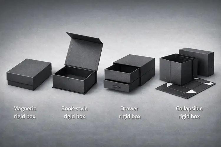 Four luxury rigid box structures including magnetic, book-style, drawer and collapsible rigid boxes displayed side by side on gray background