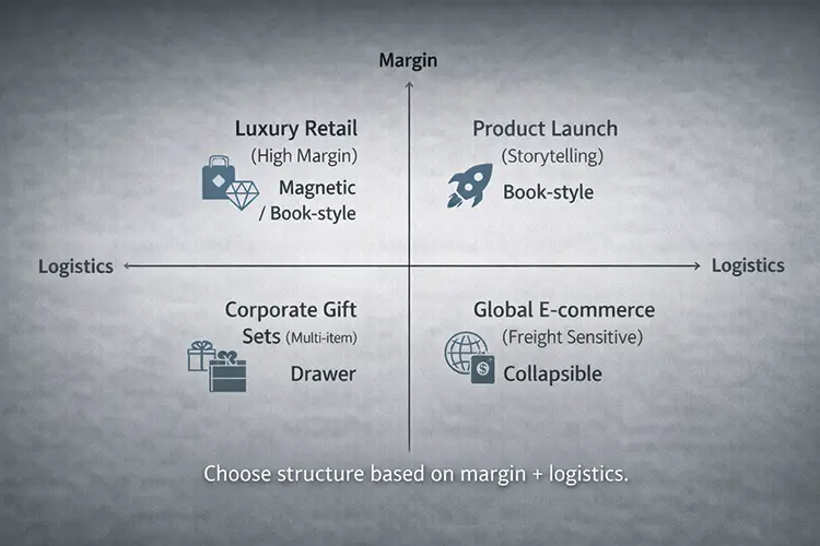 Decision matrix linking luxury retail, corporate gifts, product launch and global e-commerce to appropriate rigid box structures