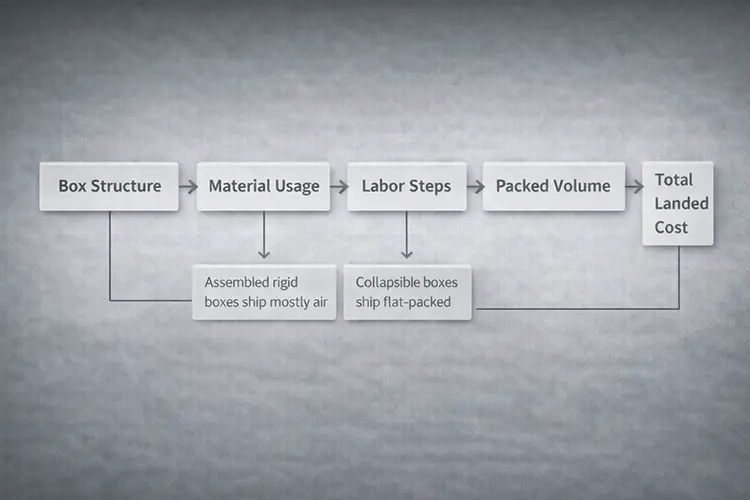 Flow diagram showing how box structure influences material usage, labor steps, packed volume and total landed cost